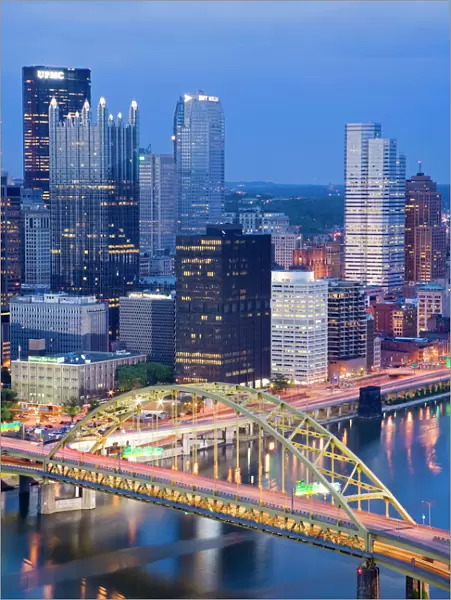 Pittsburgh skyline and Fort Pitt Bridge over the Monongahela River, Pittsburgh