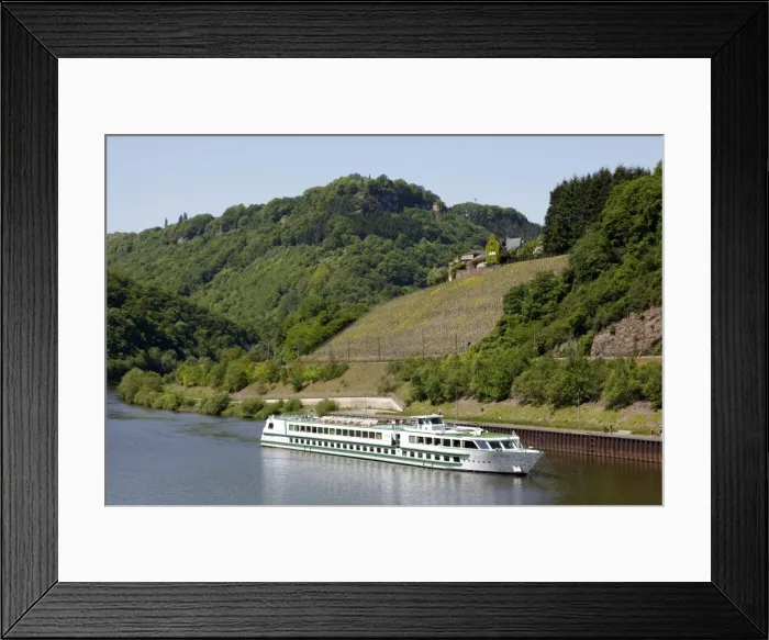 Framed Print : Cruise vessel on River Saar near Serrig, Rhineland-Palatinate, Germany, Europe Framed Print : Cruise vessel on River Saar near Serrig, Rhineland-Palatinate, Germany, Europe