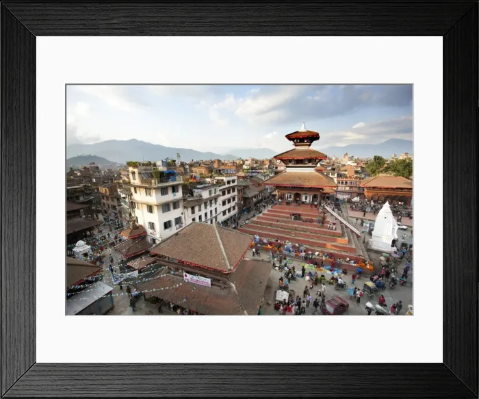 Framed Print : View over Durbar Square from rooftop cafe showing temples and busy streets Framed Print : View over Durbar Square from rooftop cafe showing temples and busy streets