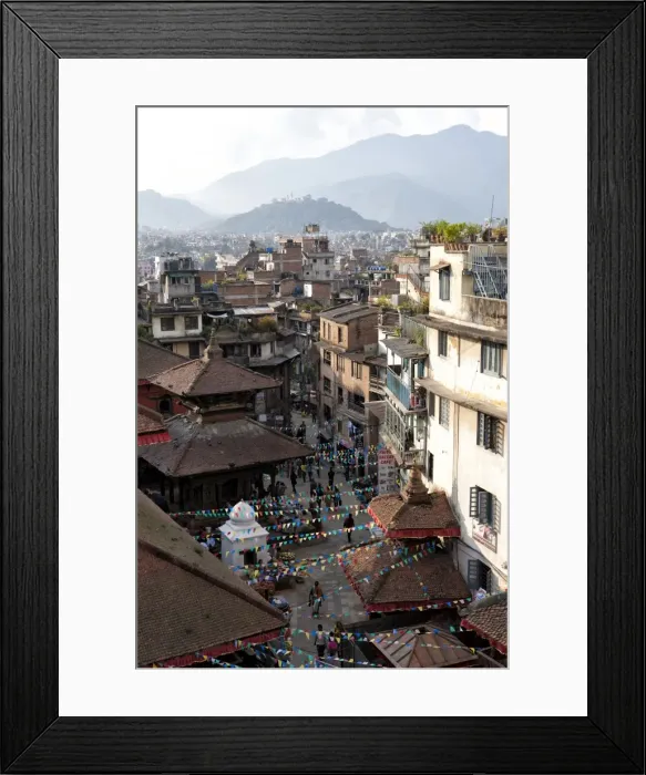 Framed Print : View over narrow streets and rooftops near Durbar Square towards the hilltop temple of Swayambhunath, Kathmandu Framed Print : View over narrow streets and rooftops near Durbar Square towards the hilltop temple of Swayambhunath, Kathmandu
