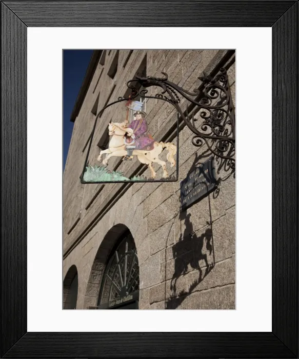 Framed Print : Hanging sign of a horseman, Place Jean Moulin, St. Malo, Brittany, France, Europe Framed Print : Hanging sign of a horseman, Place Jean Moulin, St. Malo, Brittany, France, Europe