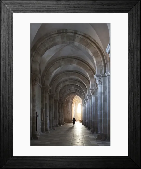 Framed Print : Interior north nave aisle with priest walking away, Vezelay Abbey, UNESCO World Heritage Site