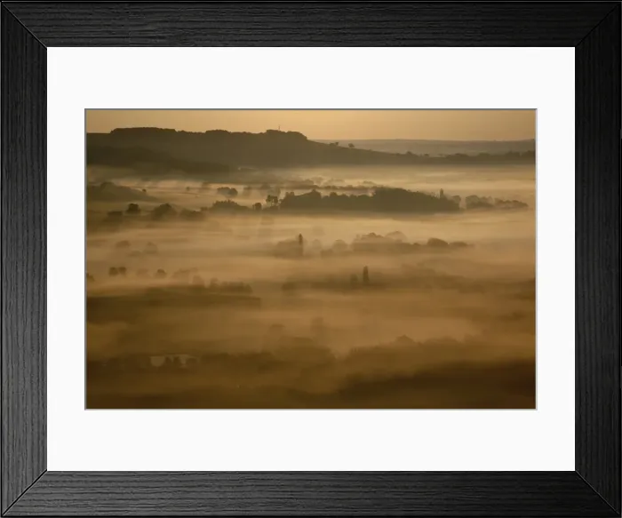 Framed Print : Sunrise over misty valley from the terrace, Vezelay, Burgundy, France, Europe