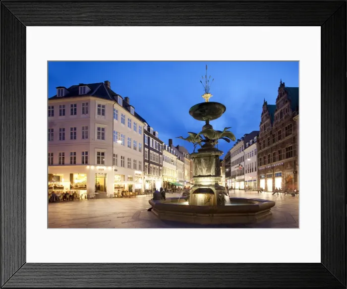 Framed Print : Restaurants and fountain at dusk, Armagertorv, Copenhagen, Denmark, Scandinavia, Europe Framed Print : Restaurants and fountain at dusk, Armagertorv, Copenhagen, Denmark, Scandinavia, Europe