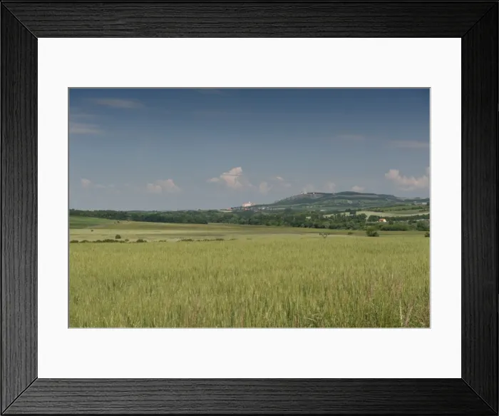 Framed Print : Rolling countryside with wheat fields and forests around town of Mikulov with its castle Framed Print : Rolling countryside with wheat fields and forests around town of Mikulov with its castle