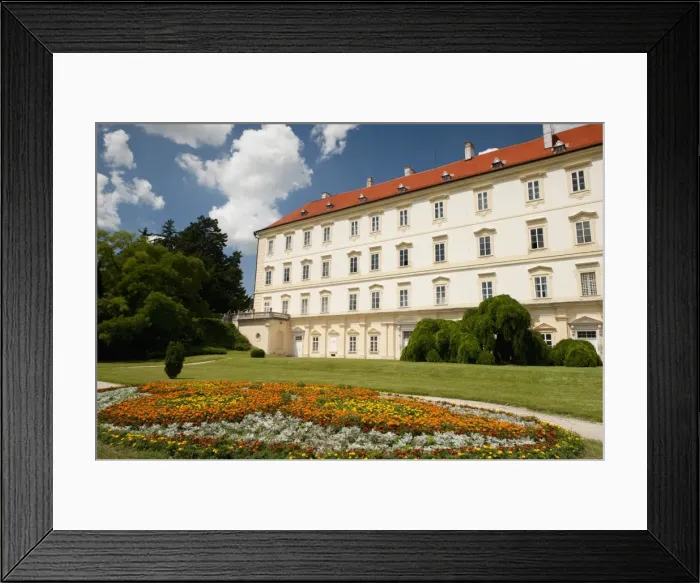 Framed Print : Baroque Valtice Castle with floral decoration in its gardens, Valtice, Brnensko Framed Print : Baroque Valtice Castle with floral decoration in its gardens, Valtice, Brnensko