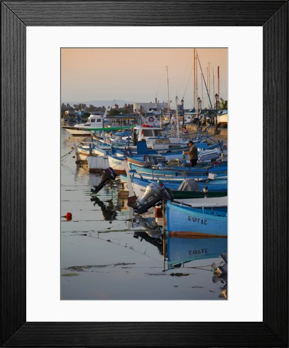 Framed Print : Line of fishing boats at dusk in the harbour, Sozopol, Black Sea, Bulgaria, Europe Framed Print : Line of fishing boats at dusk in the harbour, Sozopol, Black Sea, Bulgaria, Europe