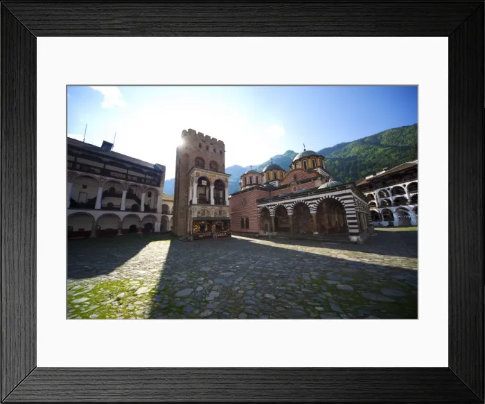 Framed Print : Courtyard, Church of the Nativity and Hrelyos Tower, Rila Monastery Framed Print : Courtyard, Church of the Nativity and Hrelyos Tower, Rila Monastery