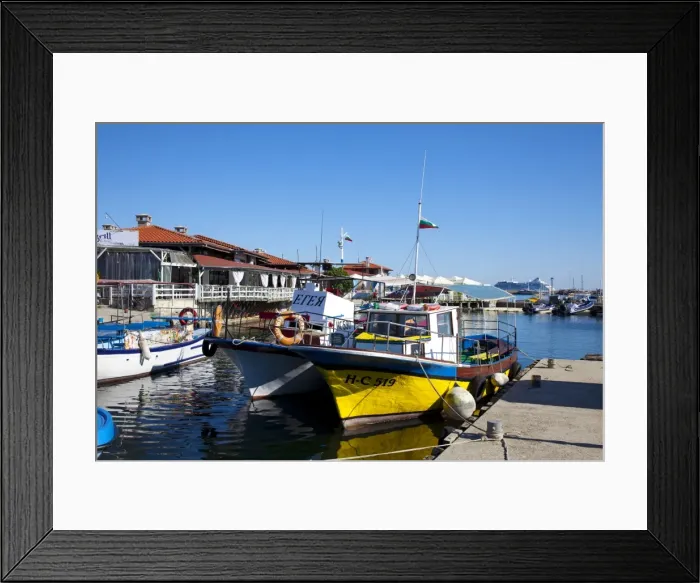 Framed Print : Boats and restaurants along the harbour quay, Nessebar, Black Sea, Bulgaria, Europe Framed Print : Boats and restaurants along the harbour quay, Nessebar, Black Sea, Bulgaria, Europe