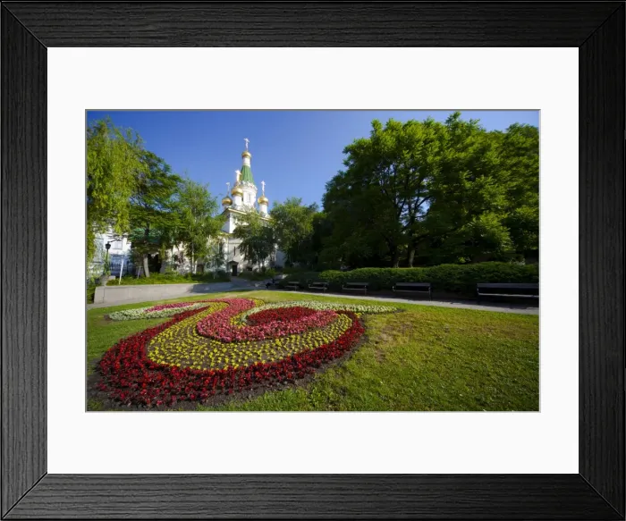 Framed Print : Flower bed in gardens with Church of St. Nicholas the Miracle Maker (The Russian Church) Framed Print : Flower bed in gardens with Church of St. Nicholas the Miracle Maker (The Russian Church)