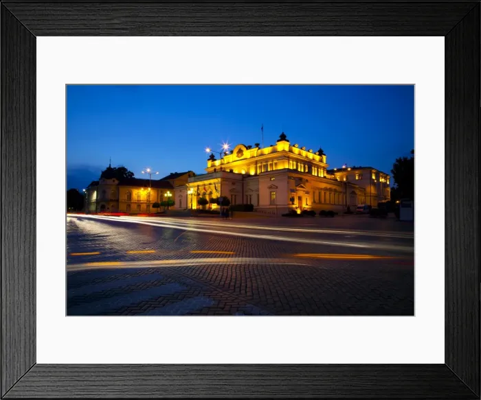 Framed Print : Floodlit National Assembly Building, Ploshtad National Assembly Square