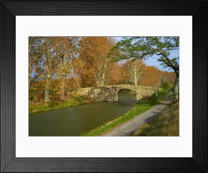 Framed Print : Yellow and red leaves in autumn and old bridge along the Canal du Midi Framed Print : Yellow and red leaves in autumn and old bridge along the Canal du Midi