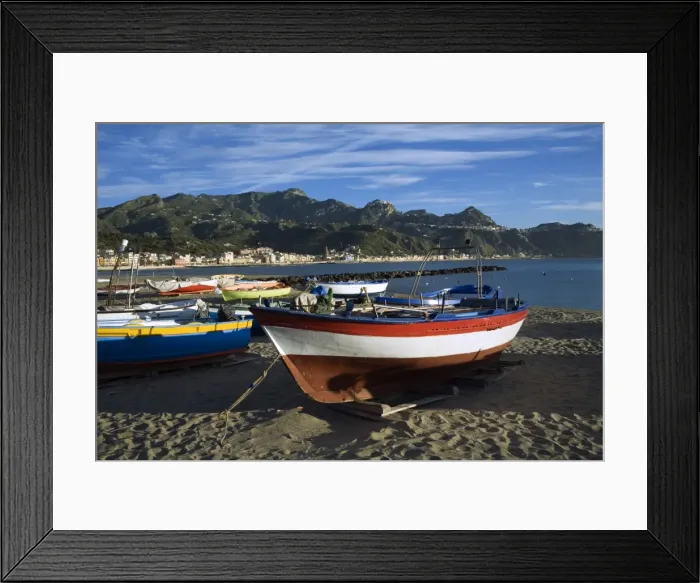 Framed Print : Fishing boats on beach, Giardini Naxos, Sicily, Italy, Mediterranean, Europe Framed Print : Fishing boats on beach, Giardini Naxos, Sicily, Italy, Mediterranean, Europe