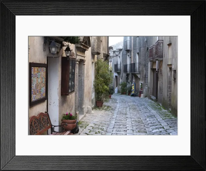 Framed Print : View down narrow cobbled street, Erice, Sicily, Italy, Europe