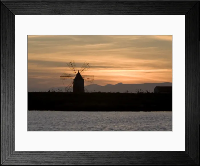 Framed Print : Sunset over windmill on salt beds, Trapani, Sicily, Italy, Mediterranean, Europe Framed Print : Sunset over windmill on salt beds, Trapani, Sicily, Italy, Mediterranean, Europe