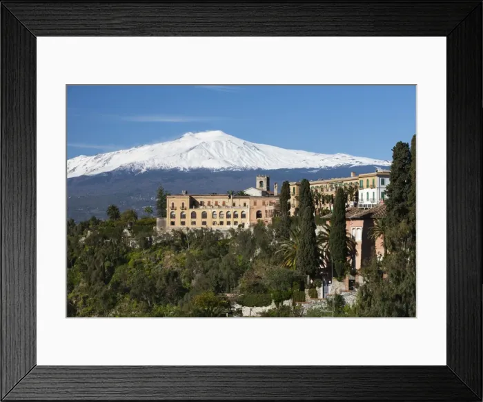 Framed Print : View over Taormina and Mount Etna with Hotel San Domenico Palace, Taormina Framed Print : View over Taormina and Mount Etna with Hotel San Domenico Palace, Taormina