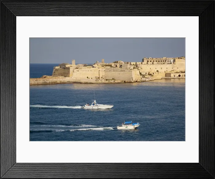 Framed Print : Fort Ricasoli from Valletta, with yacht and water taxi passing, Malta, Mediterranean Framed Print : Fort Ricasoli from Valletta, with yacht and water taxi passing, Malta, Mediterranean