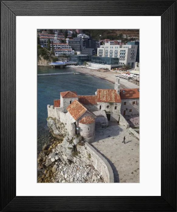 Framed Print : Church of St. Sava and Church of Santa Maria in Punta, Budva old town with the beach beyond Framed Print : Church of St. Sava and Church of Santa Maria in Punta, Budva old town with the beach beyond