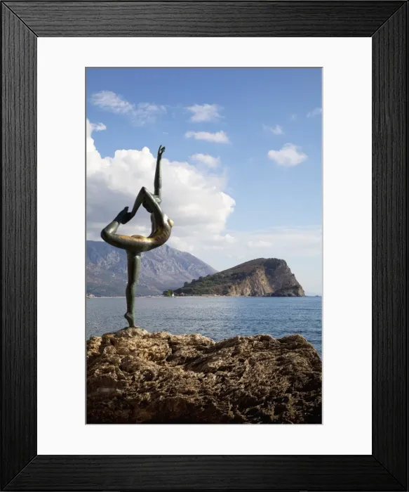 Framed Print : Statue of naked dancing girl on a rock near the Adriatic with Sveti Nikola island in the background Framed Print : Statue of naked dancing girl on a rock near the Adriatic with Sveti Nikola island in the background