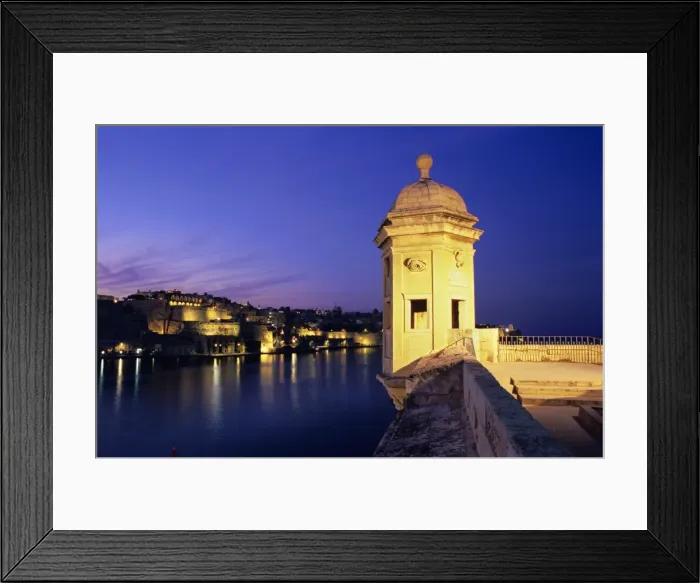 Framed Print : Vedette watchtower and view across the Grand Harbour to Valletta at dusk Framed Print : Vedette watchtower and view across the Grand Harbour to Valletta at dusk