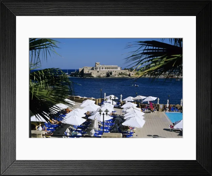 Framed Print : View over bay and pool area of Corinthia San Gorg Hotel, St. George`s Bay Framed Print : View over bay and pool area of Corinthia San Gorg Hotel, St. George`s Bay