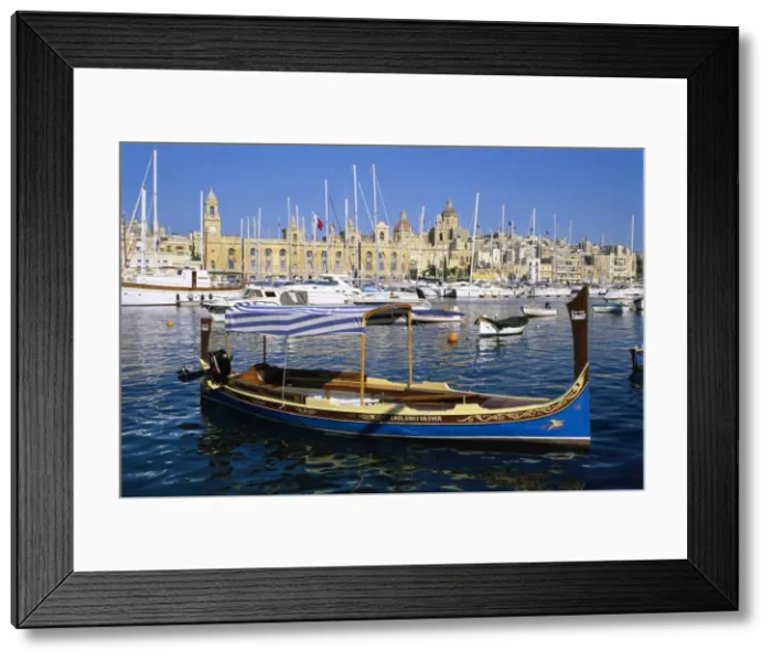 Framed Print : View across Dockyard Creek to Maritime Museum on Vittoriosa with traditional boat Framed Print : View across Dockyard Creek to Maritime Museum on Vittoriosa with traditional boat
