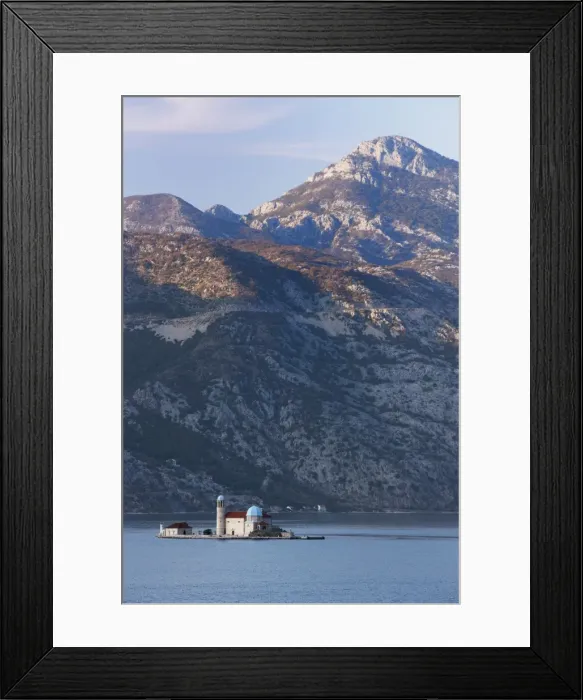 Framed Print : Our Lady of the Rocks island with mountains behind, on fjord near Perast Framed Print : Our Lady of the Rocks island with mountains behind, on fjord near Perast