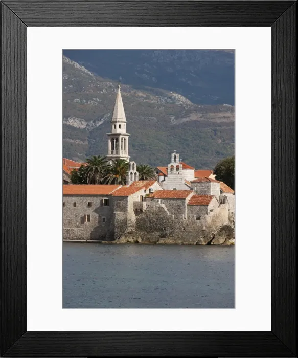 Framed Print : Budva fortified old town on the Adriatic coast with the tower of St. Johns Church Framed Print : Budva fortified old town on the Adriatic coast with the tower of St. Johns Church