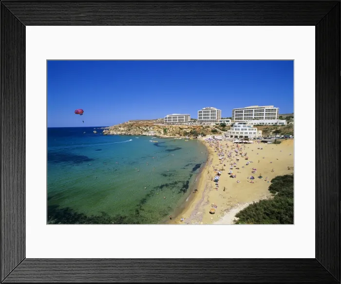 Framed Print : Sandy beach with Radisson SAS Hotel, Golden Bay, Malta, Mediterranean, Europe Framed Print : Sandy beach with Radisson SAS Hotel, Golden Bay, Malta, Mediterranean, Europe