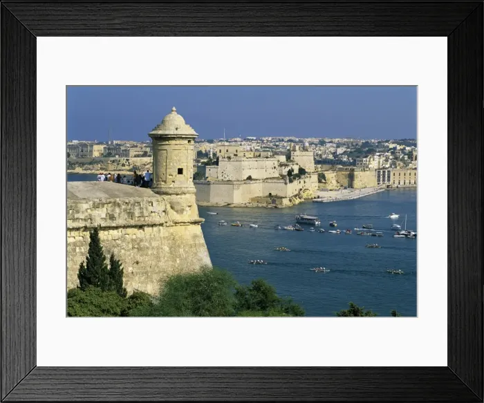 Framed Print : View over Bastions and Grand Harbour to Fort St. Angelo with Rowing Regatta Framed Print : View over Bastions and Grand Harbour to Fort St. Angelo with Rowing Regatta