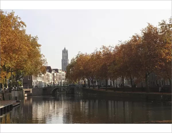 The Dom Tower and canal waterway on a sunny autumn day, Utrecht, Utrecht Province