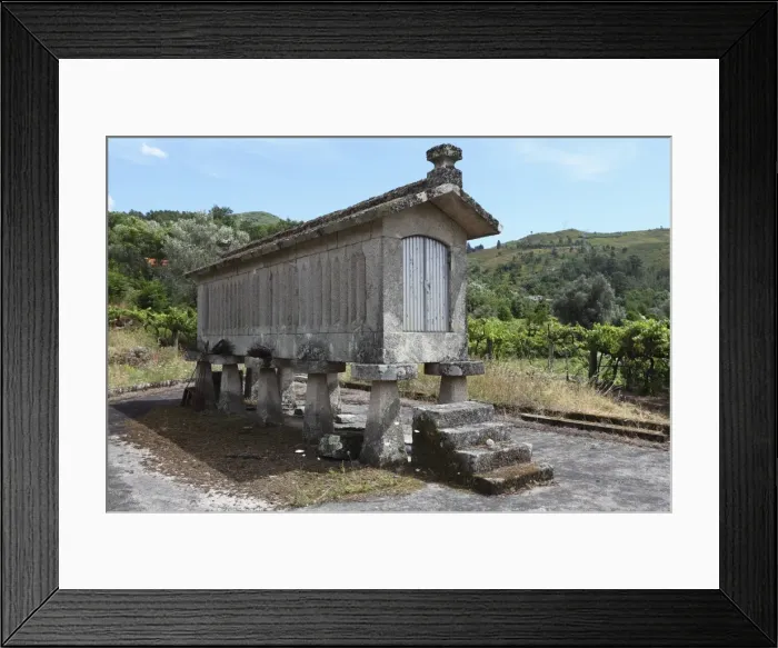 Framed Print : Traditional elevated stone granary (espigueiro), used for storing corn Framed Print : Traditional elevated stone granary (espigueiro), used for storing corn