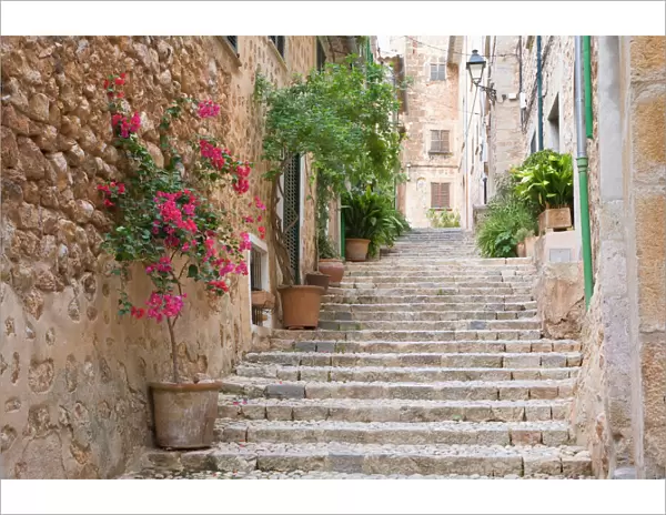 Flight of steps in the heart of the village Fornalutx near Soller, Mallorca