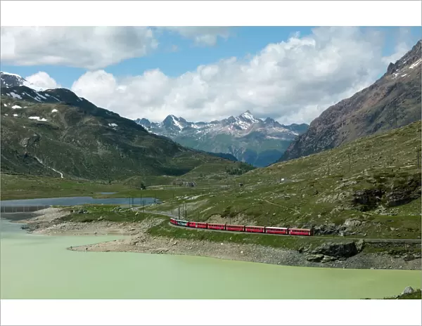 The Glacier Express train near St. Moritz, Canton Graubunden, Swiss Alps