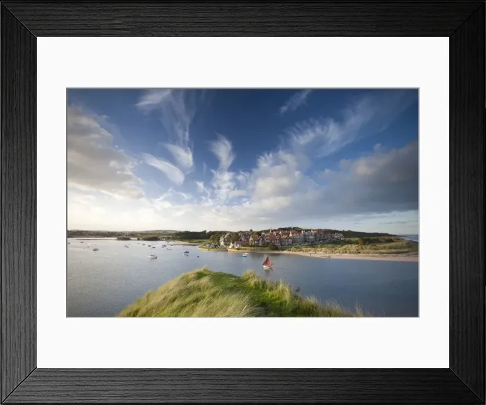 Framed Print : Alnmouth village and the Aln Estuary viewed from Church Hill on a calm late summers evening with a dramatic sky overhead, Alnmouth near Alnwick, Northumberland, England, United Framed Print : Alnmouth village and the Aln Estuary viewed from Church Hill on a calm late summers evening with a dramatic sky overhead, Alnmouth near Alnwick, Northumberland, England, United