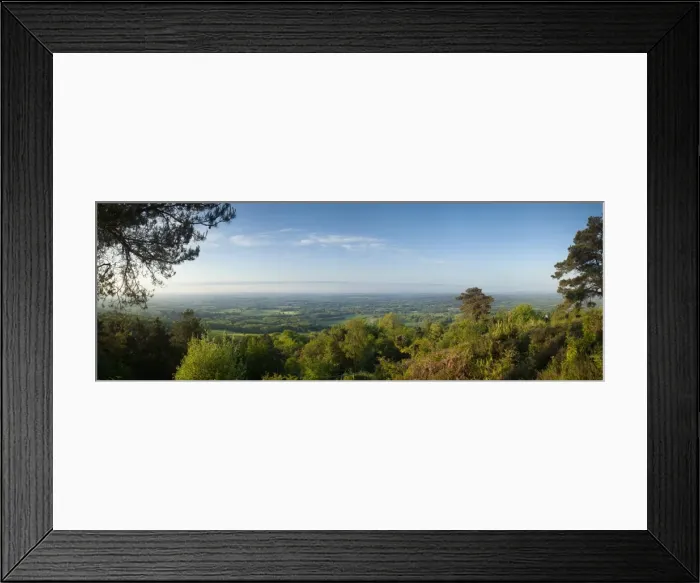 Framed Print : Leith Hill, highest point in south east England, view south towards The South Down on a summer morning, Surrey Hills, Greensand Way, Surrey, England, United Framed Print : Leith Hill, highest point in south east England, view south towards The South Down on a summer morning, Surrey Hills, Greensand Way, Surrey, England, United