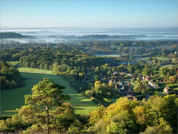 View south from Colley Hill on a misty autumn morning, Reigate, Surrey Hills