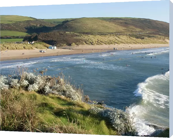 The beach with surfers at Woolacombe, Devon, England, United Kingdom, Europe