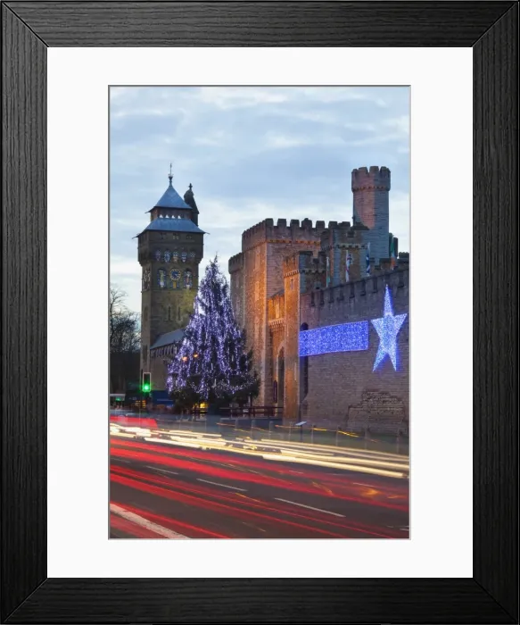 Framed Print : Cardiff Castle with Christmas lights and traffic light trails, Cardiff Framed Print : Cardiff Castle with Christmas lights and traffic light trails, Cardiff