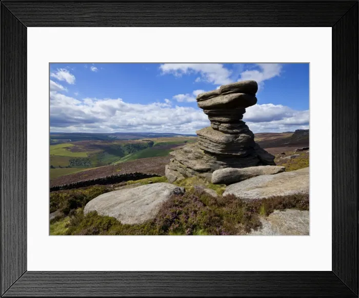 Framed Print : Salt Cellar Rock, Derwent Edge, with purple heather moorland, Peak District National Park Framed Print : Salt Cellar Rock, Derwent Edge, with purple heather moorland, Peak District National Park