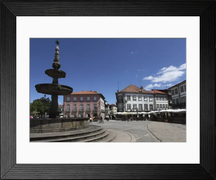 Framed Print : Fountain and cafes on the public Camoes Square (Largo de Camoes), Ponte de Lima Framed Print : Fountain and cafes on the public Camoes Square (Largo de Camoes), Ponte de Lima