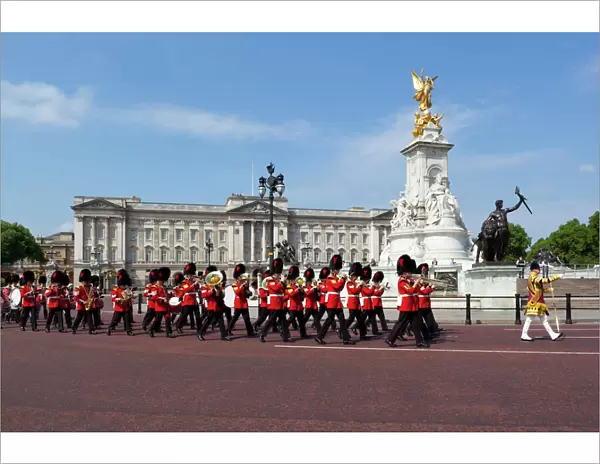 Band of the Coldstream Guards marching past Buckingham Palace during the rehearsal for Trooping the Colour, London, England, United