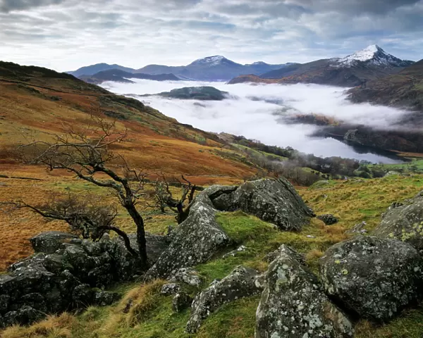 Mist over Llyn Gwynant and Snowdonia Mountains, Snowdonia National Park