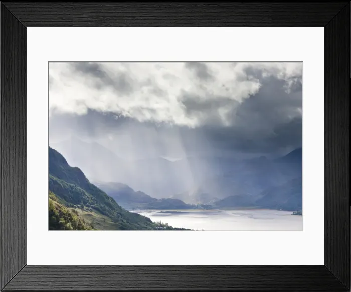 Framed Print : View from Carr Brae towards head of Loch Duich and Five Sisters of Kintail with rays of sunlight bursting through sky, Highlands, Scotland, United Framed Print : View from Carr Brae towards head of Loch Duich and Five Sisters of Kintail with rays of sunlight bursting through sky, Highlands, Scotland, United