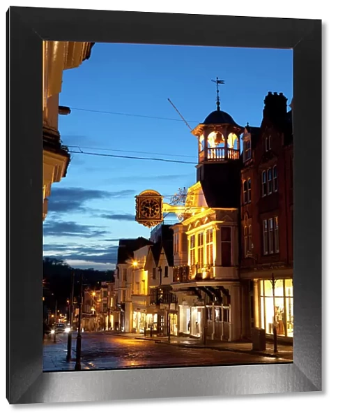 Guildford High Street and Guildhall at dusk, Guildford, Surrey, England