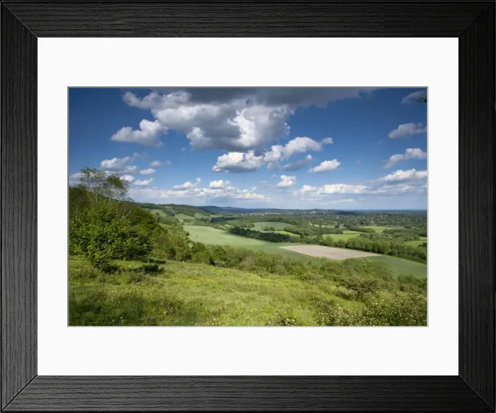 Framed Print : Summer view east along The Surrey Hills, from White Down, Dorking in the distance Framed Print : Summer view east along The Surrey Hills, from White Down, Dorking in the distance