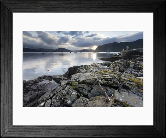 Framed Print : View over Loch Carron at dawn from rocks near the harbour, Plockton, Kintail Framed Print : View over Loch Carron at dawn from rocks near the harbour, Plockton, Kintail