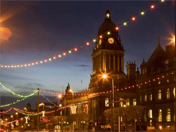 Town Hall and Christmas lights on The Headrow, Leeds, West Yorkshire, Yorkshire