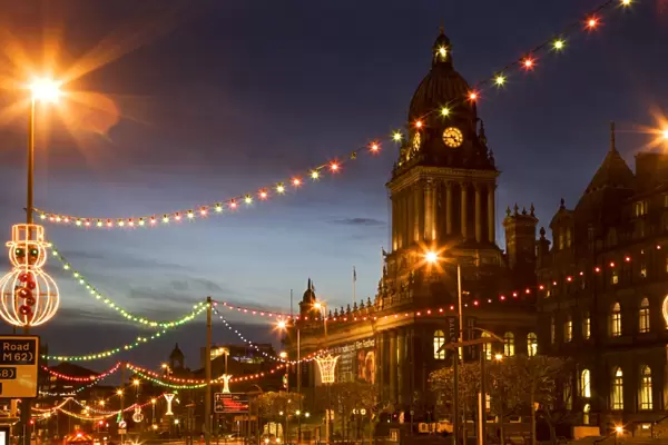 Town Hall and Christmas lights on The Headrow, Leeds, West Yorkshire, Yorkshire
