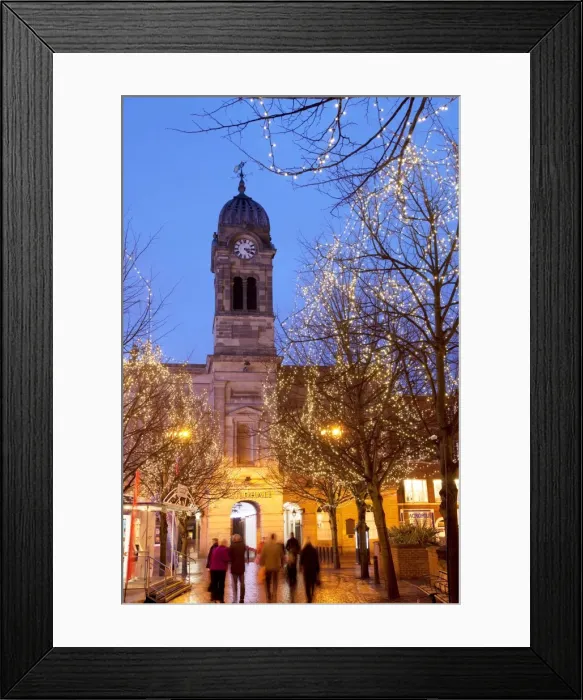 Framed Print : Christmas lights and Guild Hall at dusk, Derby, Derbyshire, England, United Kingdom Framed Print : Christmas lights and Guild Hall at dusk, Derby, Derbyshire, England, United Kingdom